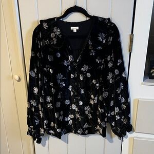 Anthropologie Black Velvet Blouse with White Floral Pattern